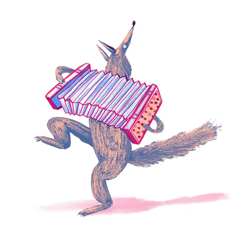 Illustration of a wolf playing an accordion by Anne Wilson