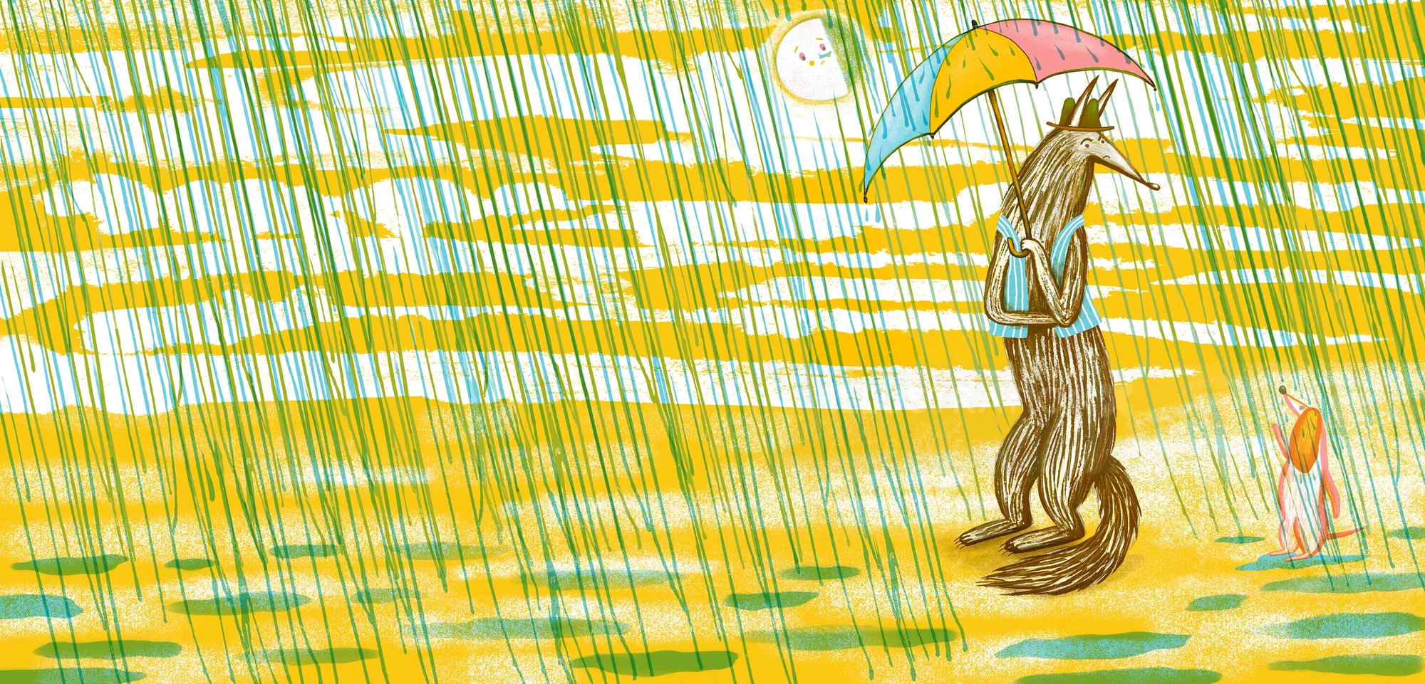 Wolf holding umbrella in rain with small figure nearby by Anne Wilson