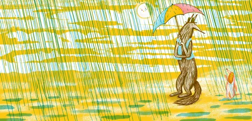 Wolf holding umbrella in rain with small figure nearby by Anne Wilson