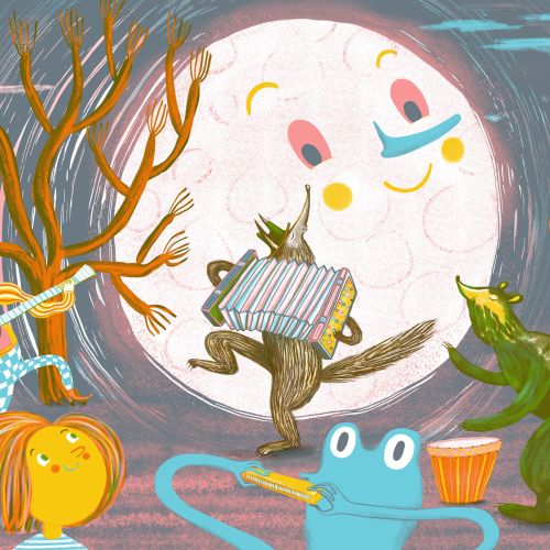 Colorful whimsical town scene with moon and animated characters by Anne Wilson