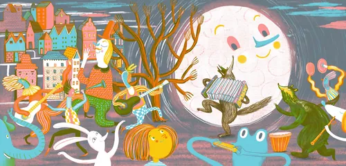 Colorful whimsical town scene with moon and animated characters by Anne Wilson