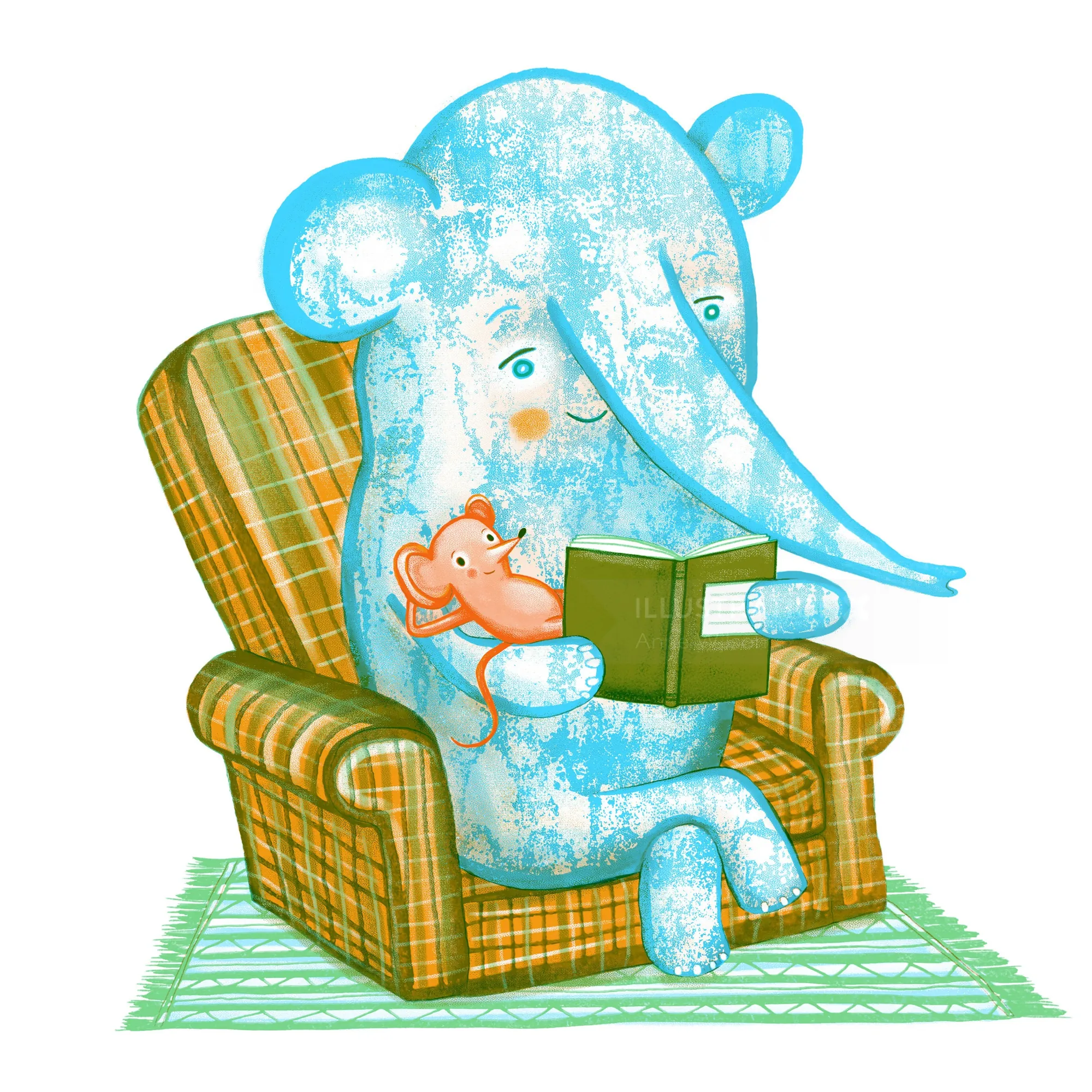 Elephant reading a book to mouse while sitting in armchair by Anne Wilson