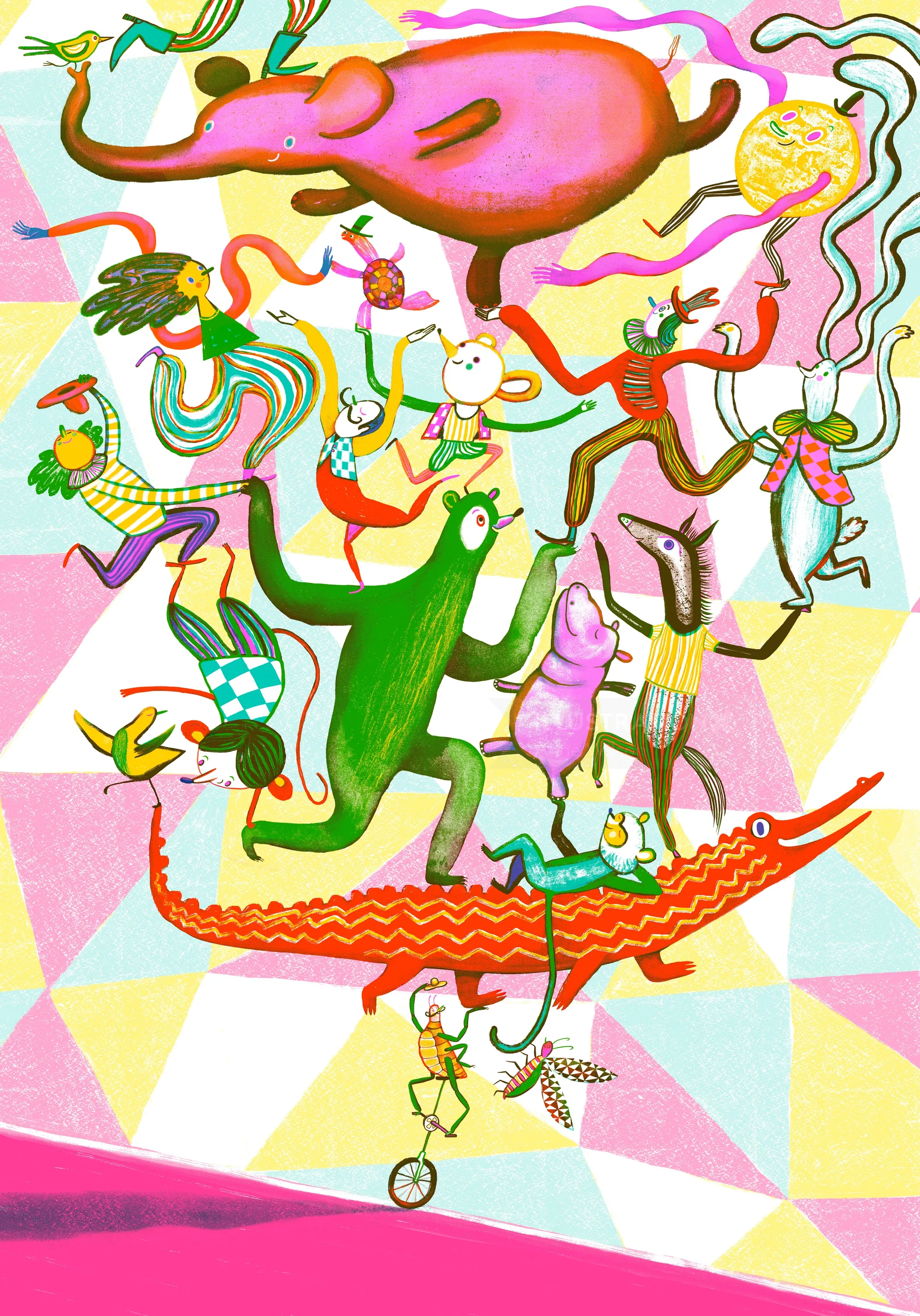 Colorful surreal animals performing circus acts on a geometric pastel background by Anne Wilson