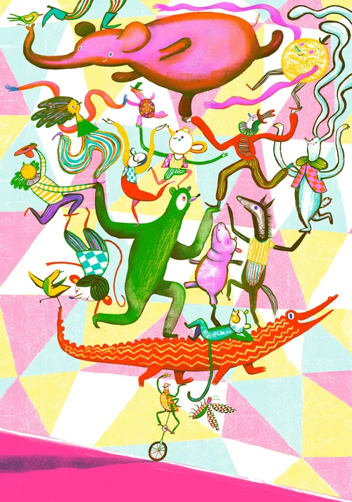Colorful surreal animals performing circus acts on a geometric pastel background by Anne Wilson