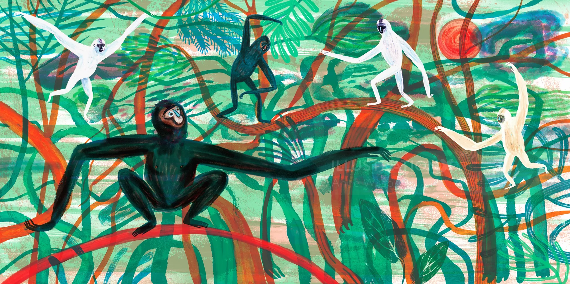 Colorful painting of gibbons swinging in a dense jungle by Anne Wilson