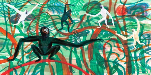 Colorful painting of gibbons swinging in a dense jungle by Anne Wilson
