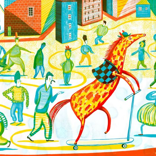 A giraffe riding a scooter among walking people by Anne Wilson