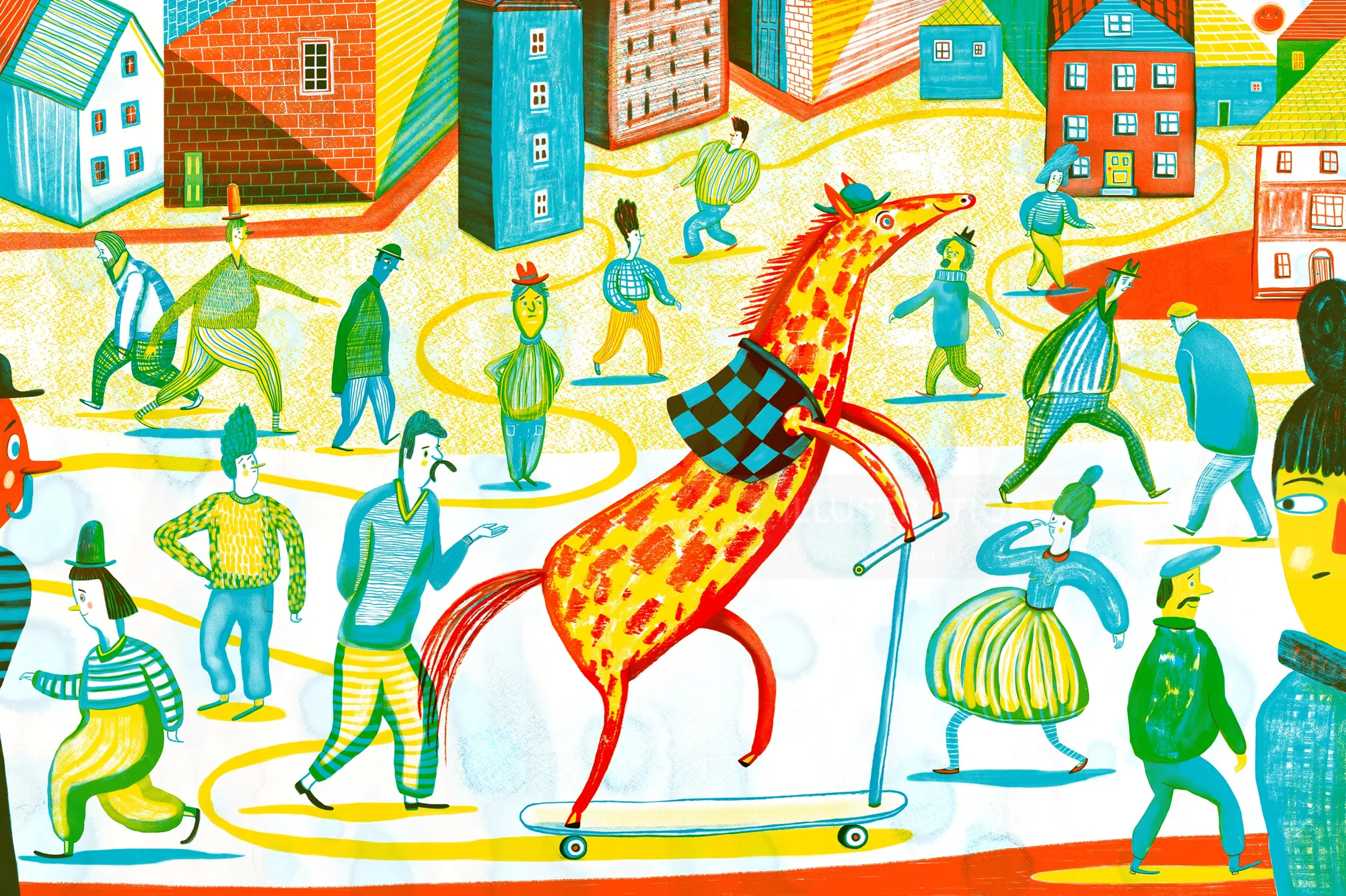 A giraffe riding a scooter among walking people by Anne Wilson