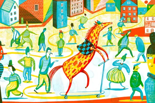 A giraffe riding a scooter among walking people by Anne Wilson