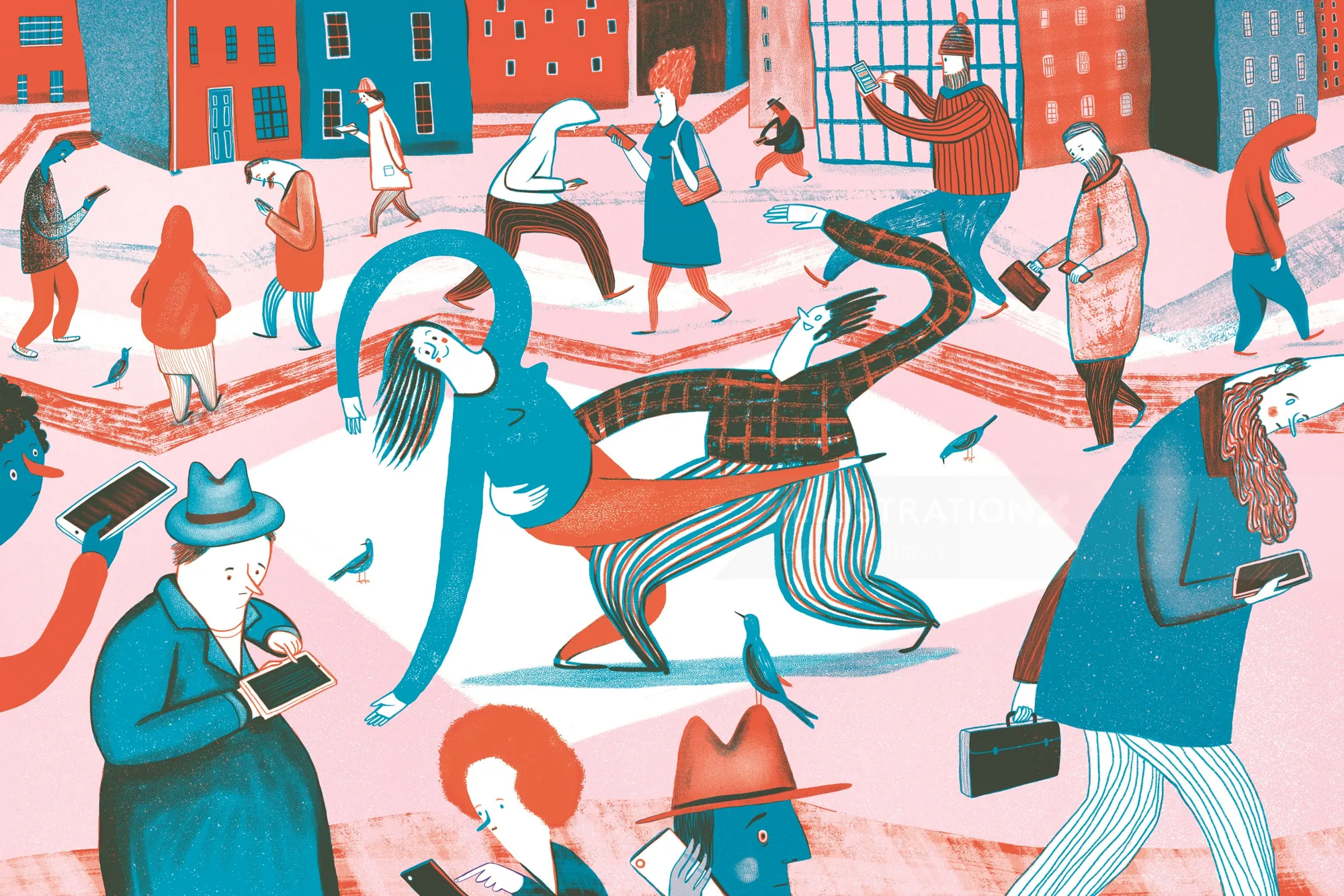 Busy urban street with diverse people walking and interacting, art by Anne Wilson