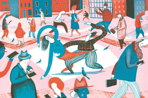 Busy urban street with diverse people walking and interacting, art by Anne Wilson