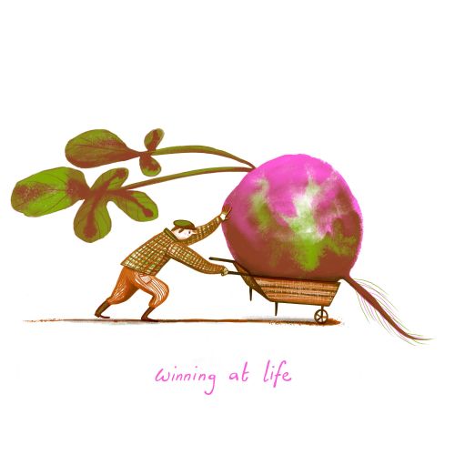 Illustration of person pushing large radish on cart by Anne Wilson