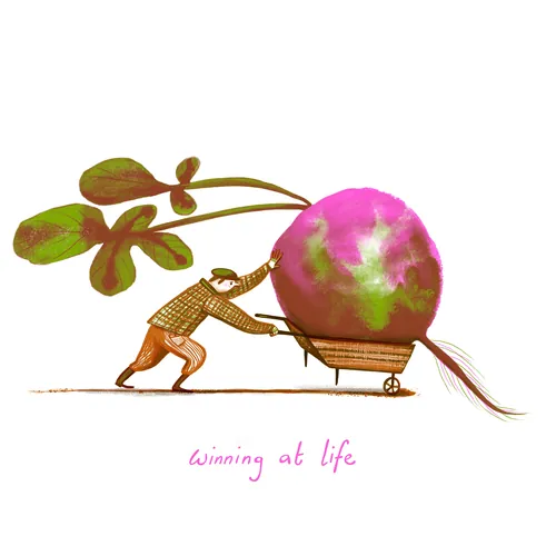 Illustration of person pushing large radish on cart by Anne Wilson