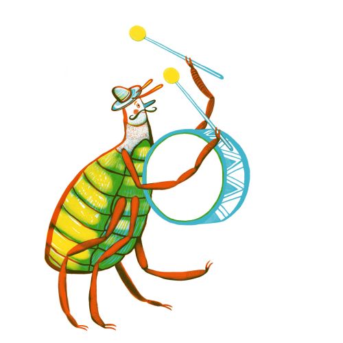 A flea wearing a hat and playing a drum, illustration by Anne Wilson