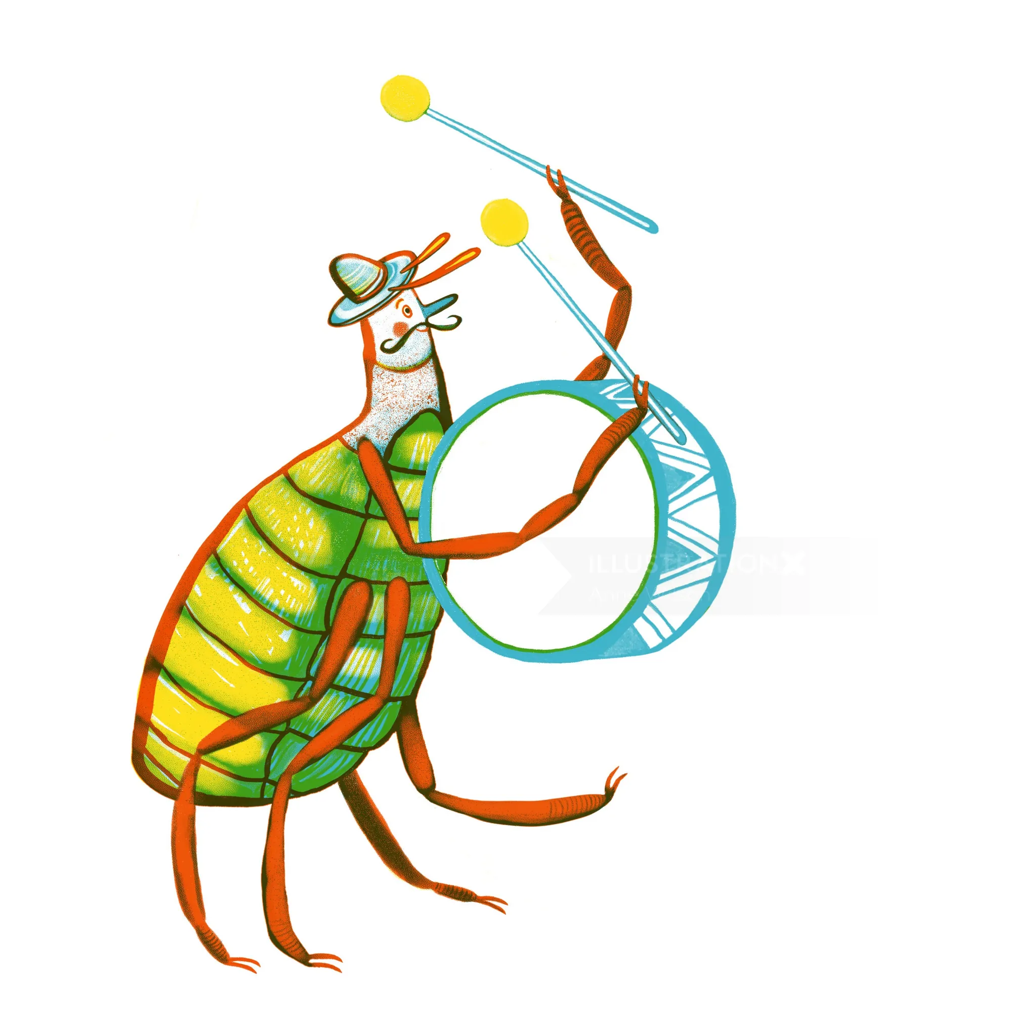 A flea wearing a hat and playing a drum, illustration by Anne Wilson