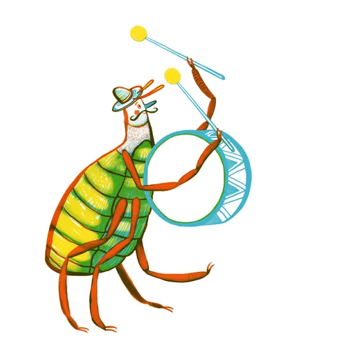A flea wearing a hat and playing a drum, illustration by Anne Wilson