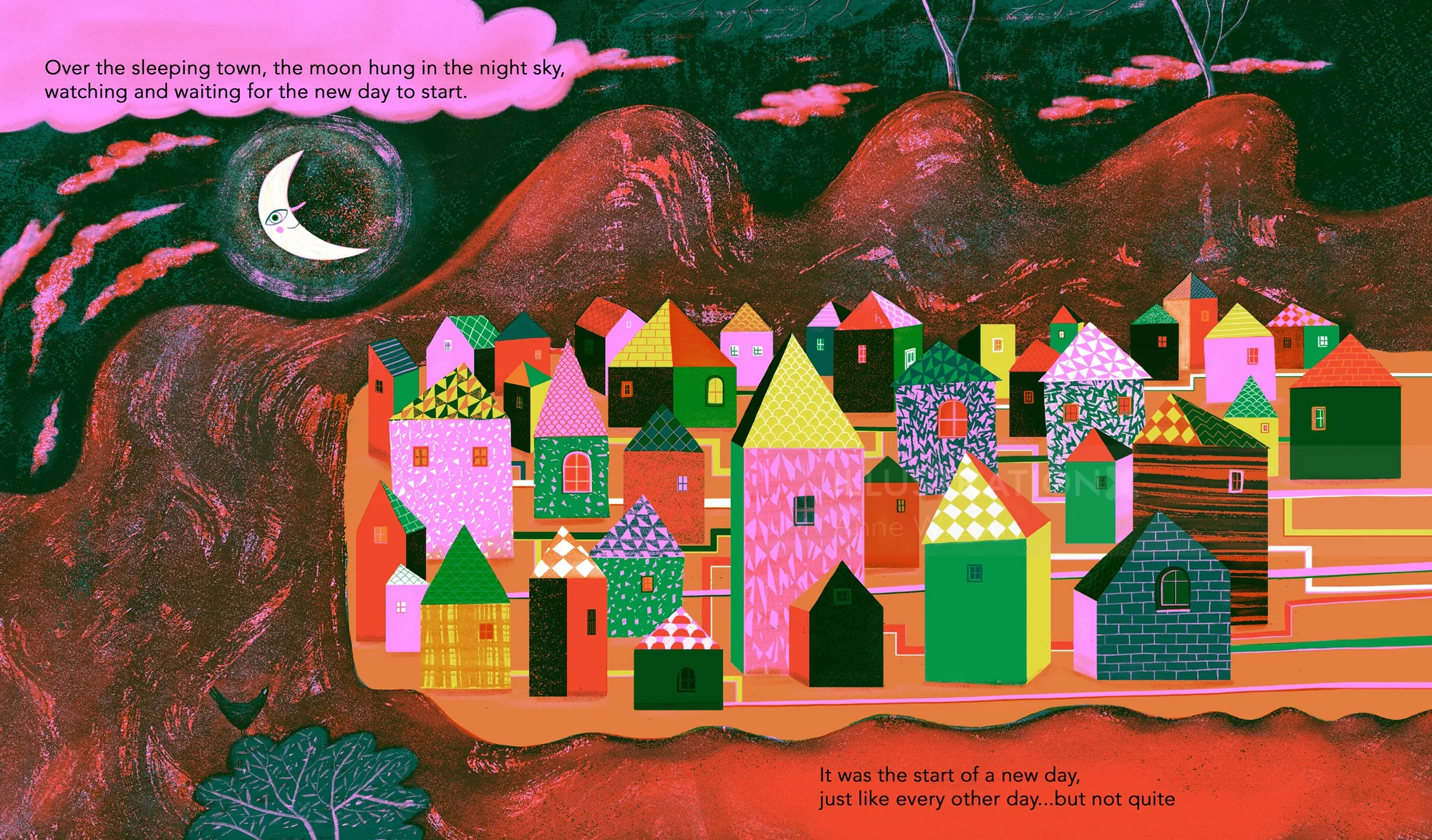 Colorful village buildings under a crescent moon at night by Anne Wilson