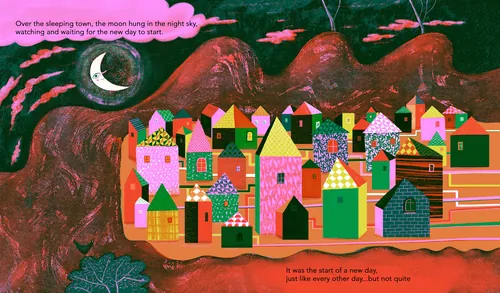 Colorful village buildings under a crescent moon at night by Anne Wilson