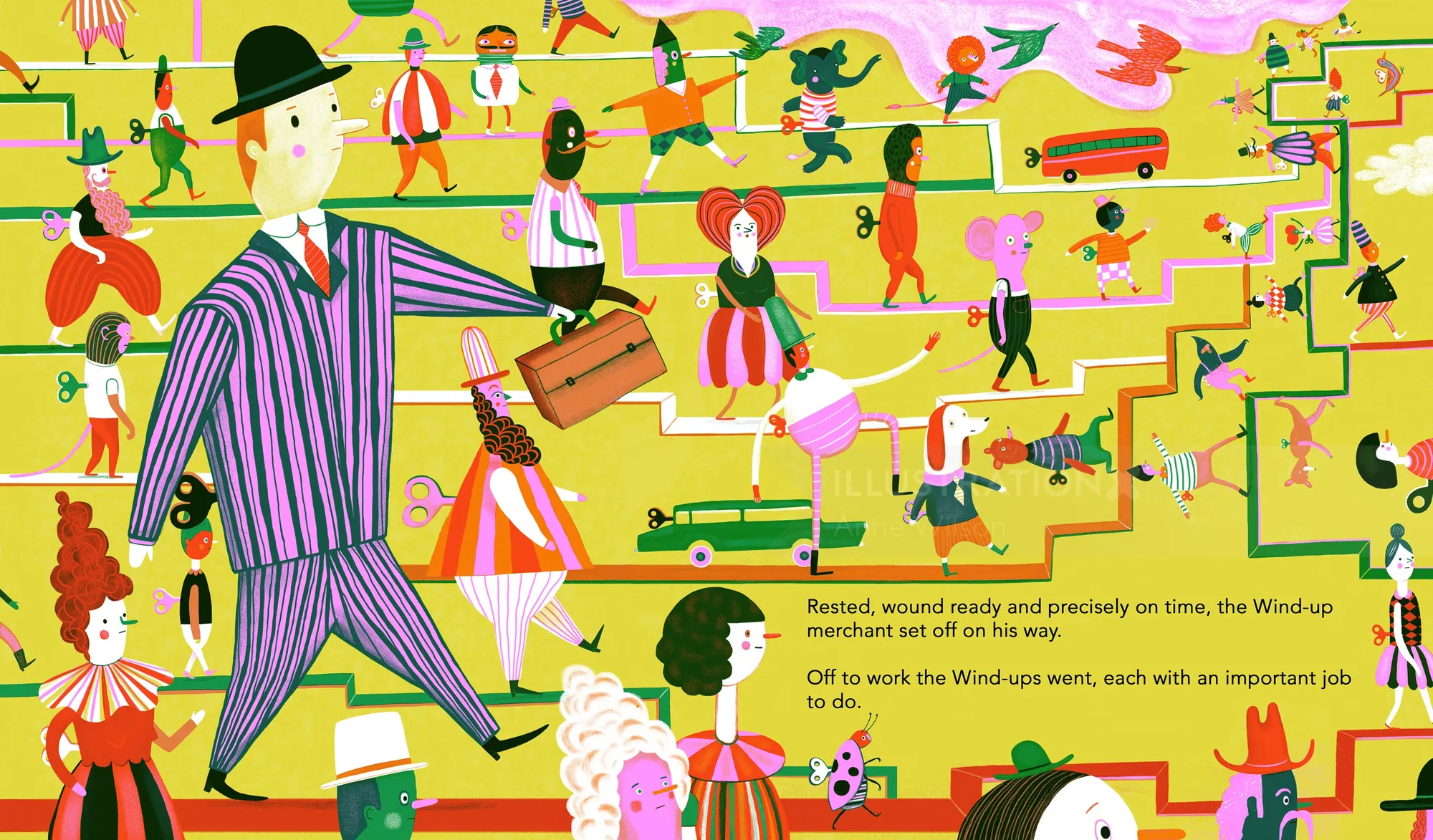 Colorful whimsical scene with wind-up figures in a crowd by Anne Wilson