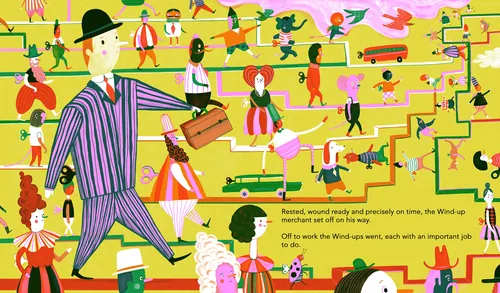 Colorful whimsical scene with wind-up figures in a crowd by Anne Wilson