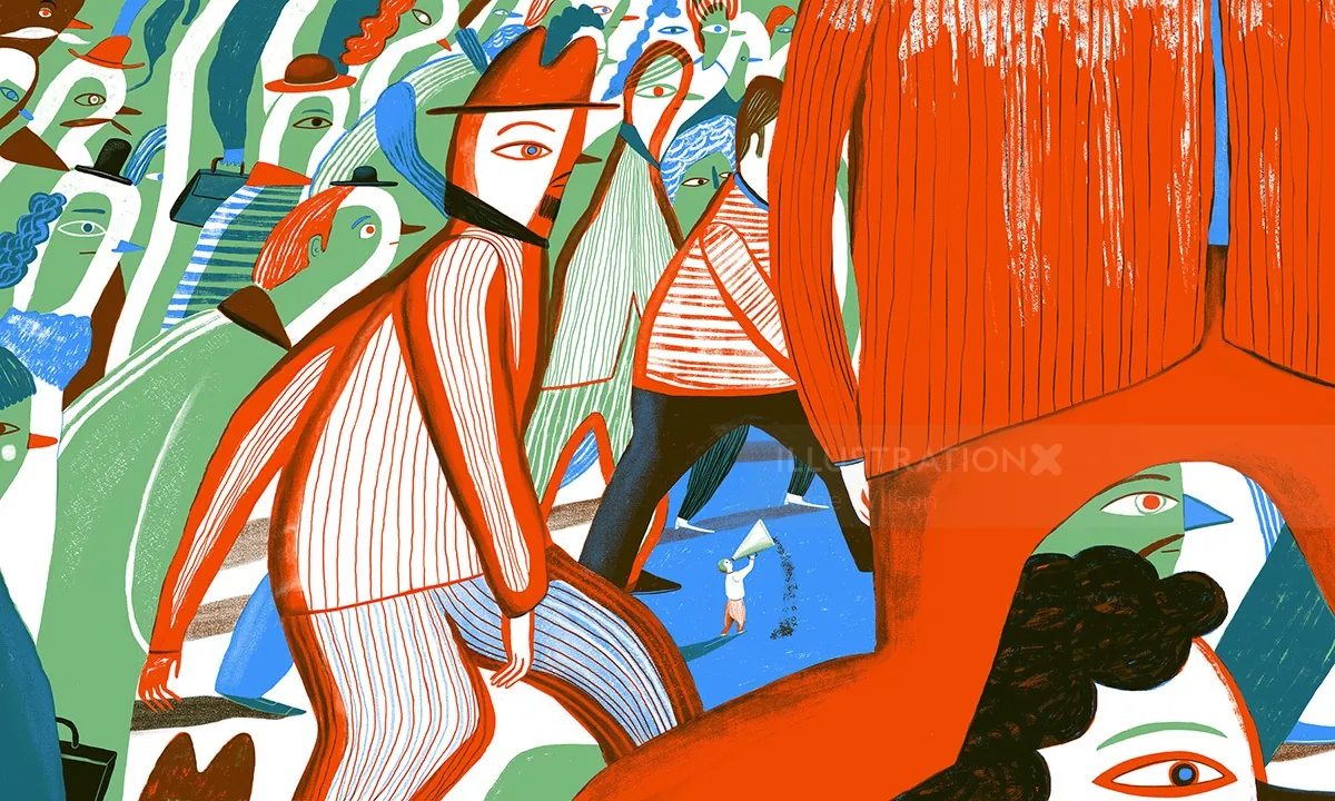 Colorful abstract crowd scene with a prominent red figure by Anne Wilson