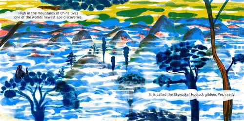 Anne Wilsonによる、鮮やかな中国の山岳風景の中に佇むスカイウォーカー・ギボンのイラスト