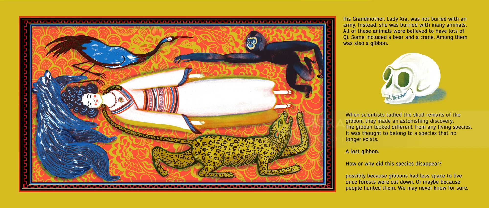 Illustration of Lady Xia surrounded by animals and a dragon by Anne Wilson
