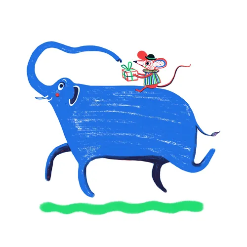 Illustration d'un éléphant bleu portant un cadeau d'anniversaire (TEM21)