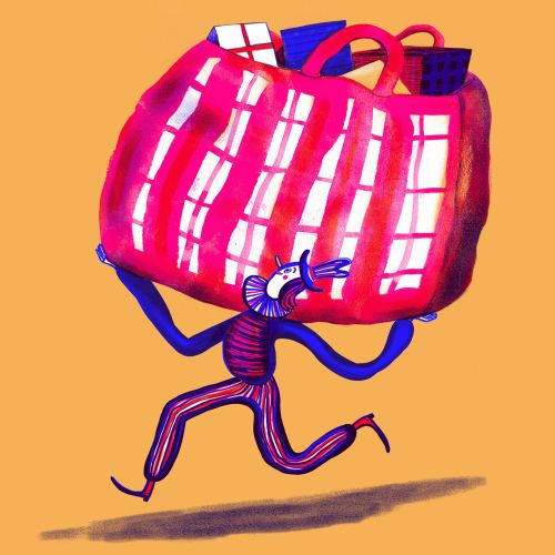 Anne Wilson illustration of a running shopping bag with groceries