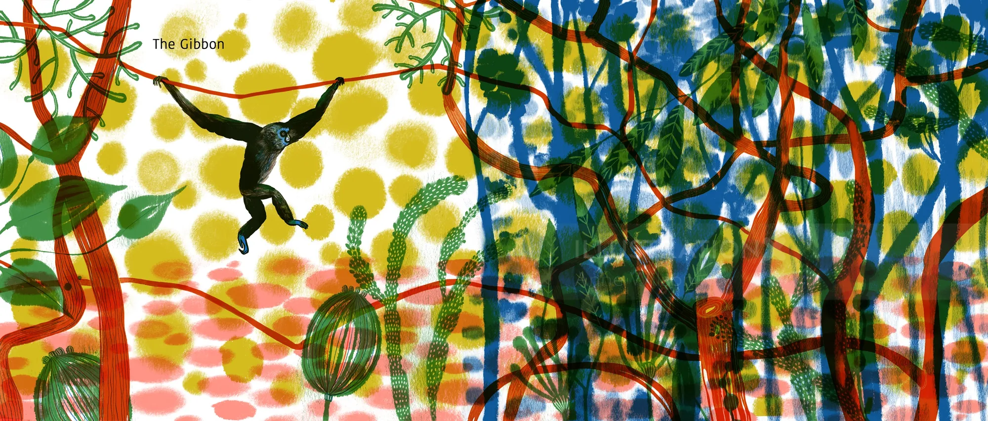 Anne Wilson artwork showing a gibbon among colorful tropical foliage