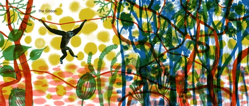 Anne Wilson 色鮮やかな熱帯植物の中にいるテナガザルを描いたアート作品