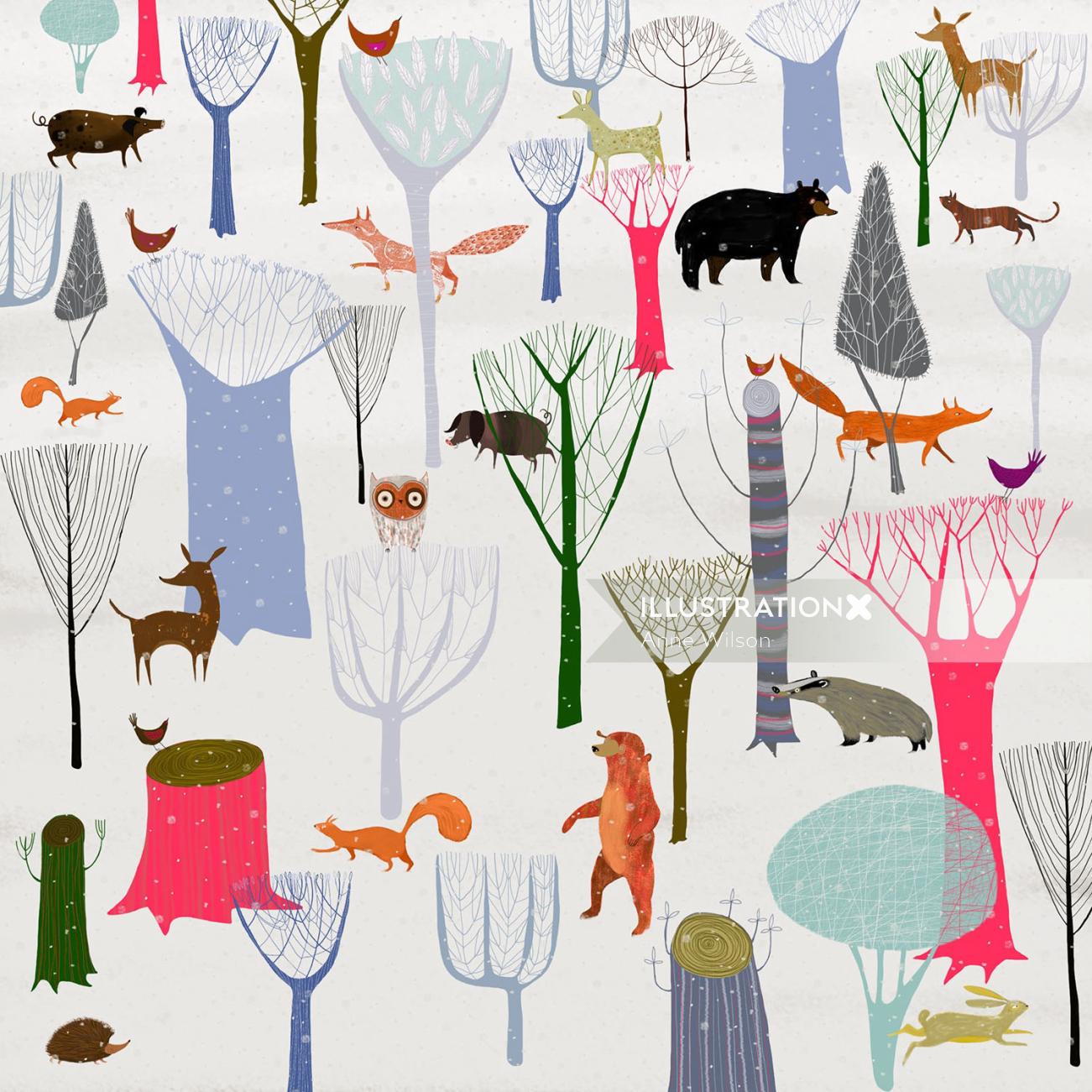 An illustration of animals in the winter