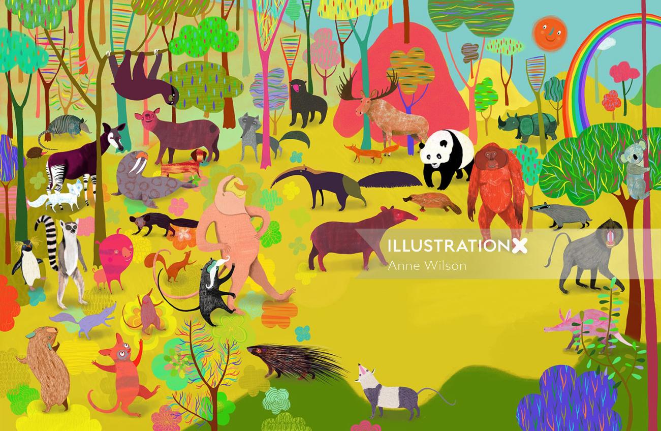 An illustration of animals in the forest