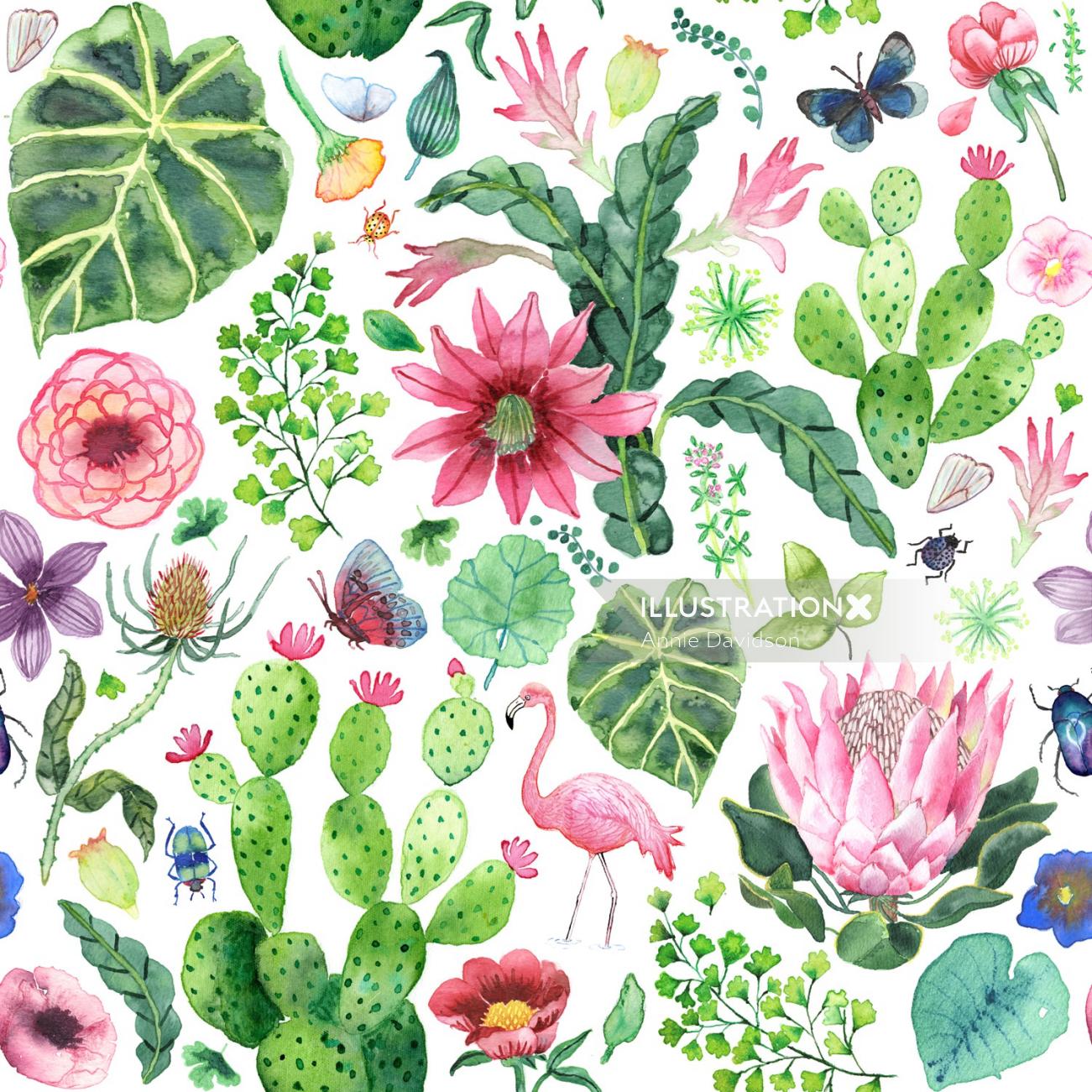 Flowers, plants & birds textile design