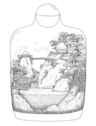 ガラスの鉢に描かれた日本の風景のアニメーション
