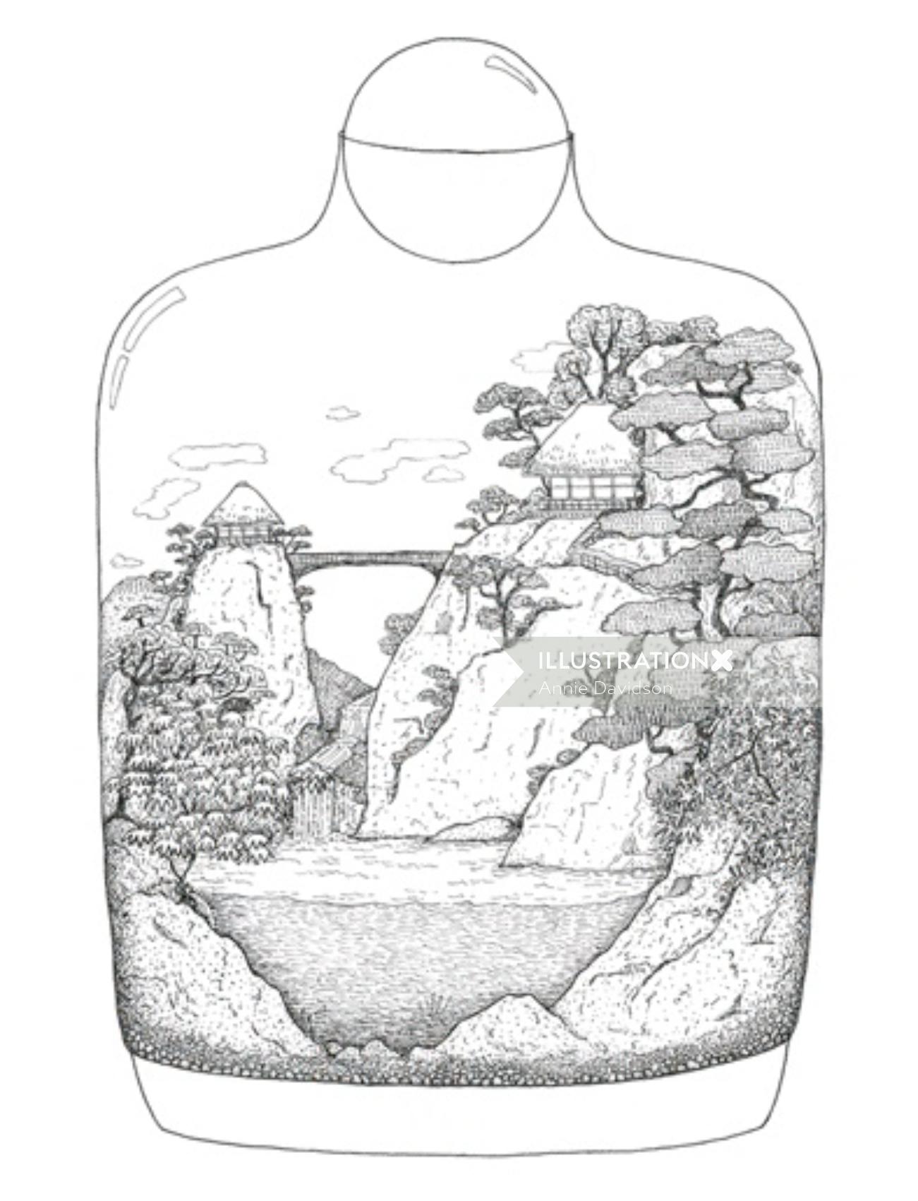 Animation of Japanese Landscape in glass pot