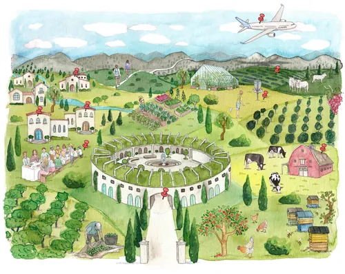Pastoral artwork showing village scape