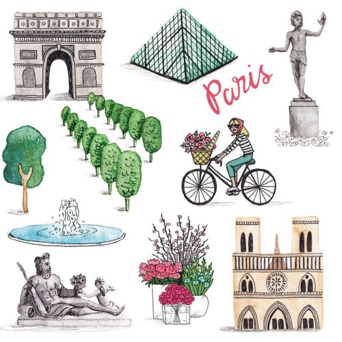 Colorful illustration of iconic Paris sites and cultural symbols