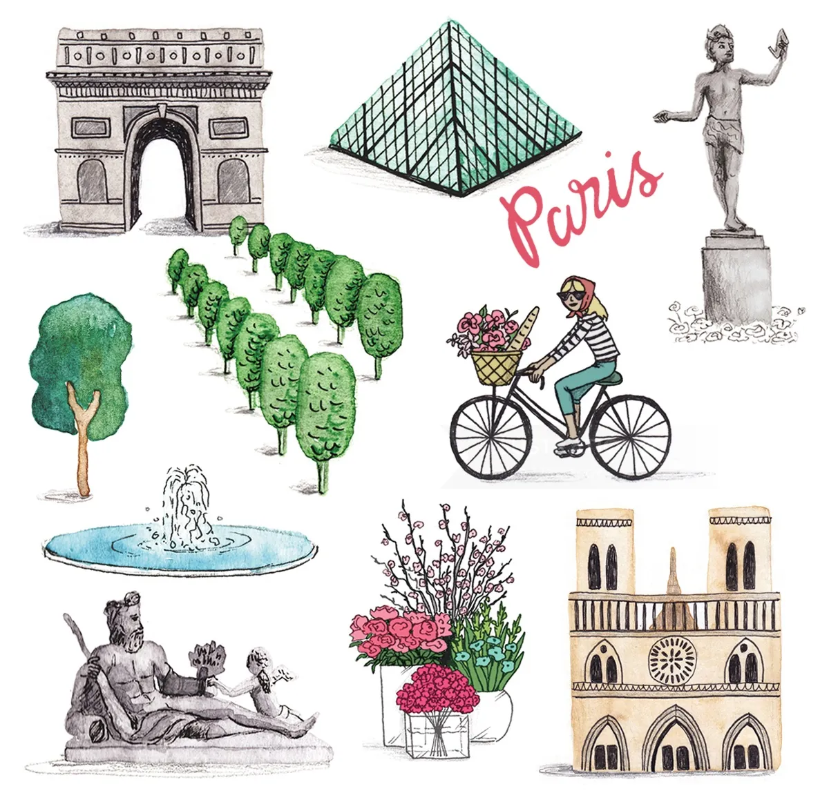 Colorful illustration of iconic Paris sites and cultural symbols