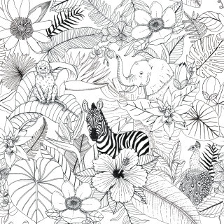 Arte en blanco y negro de animales en el bosque. 