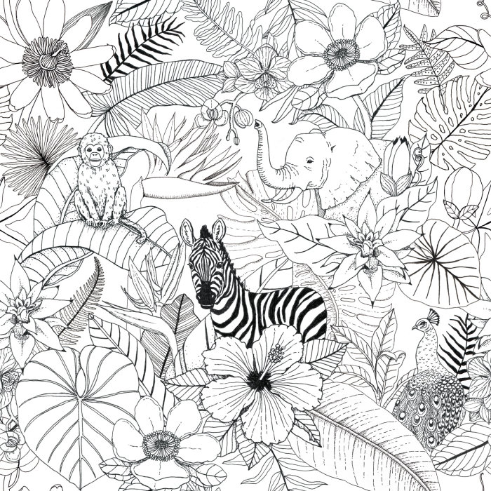 Black and white art of animals in the forest 