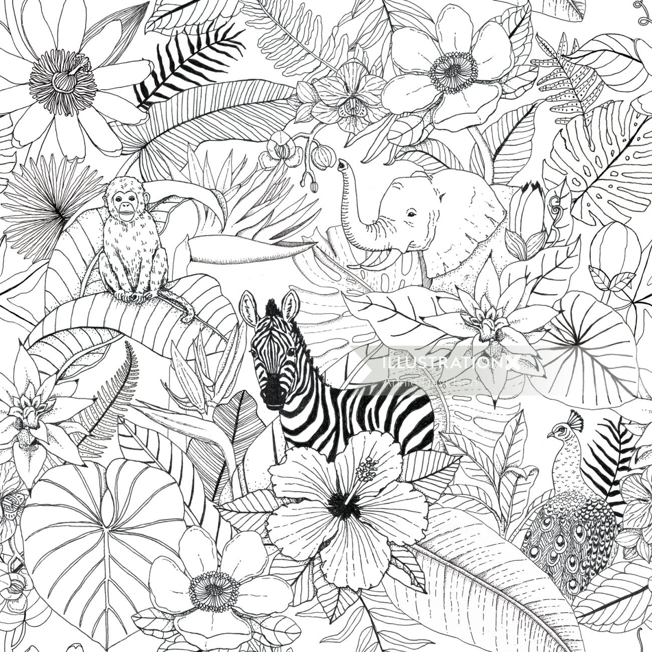 Black and white art of animals in the forest 