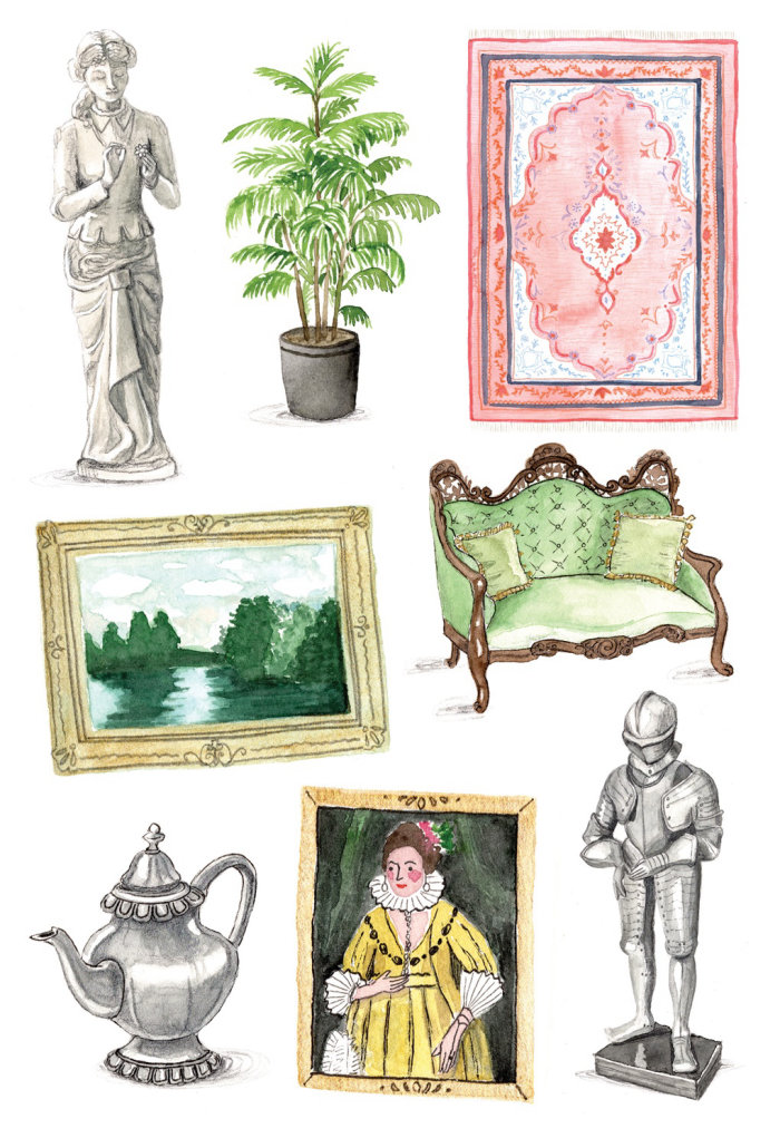 watercolor of mansion icons
