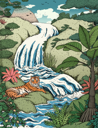 Tigre de animales en una cascada.
