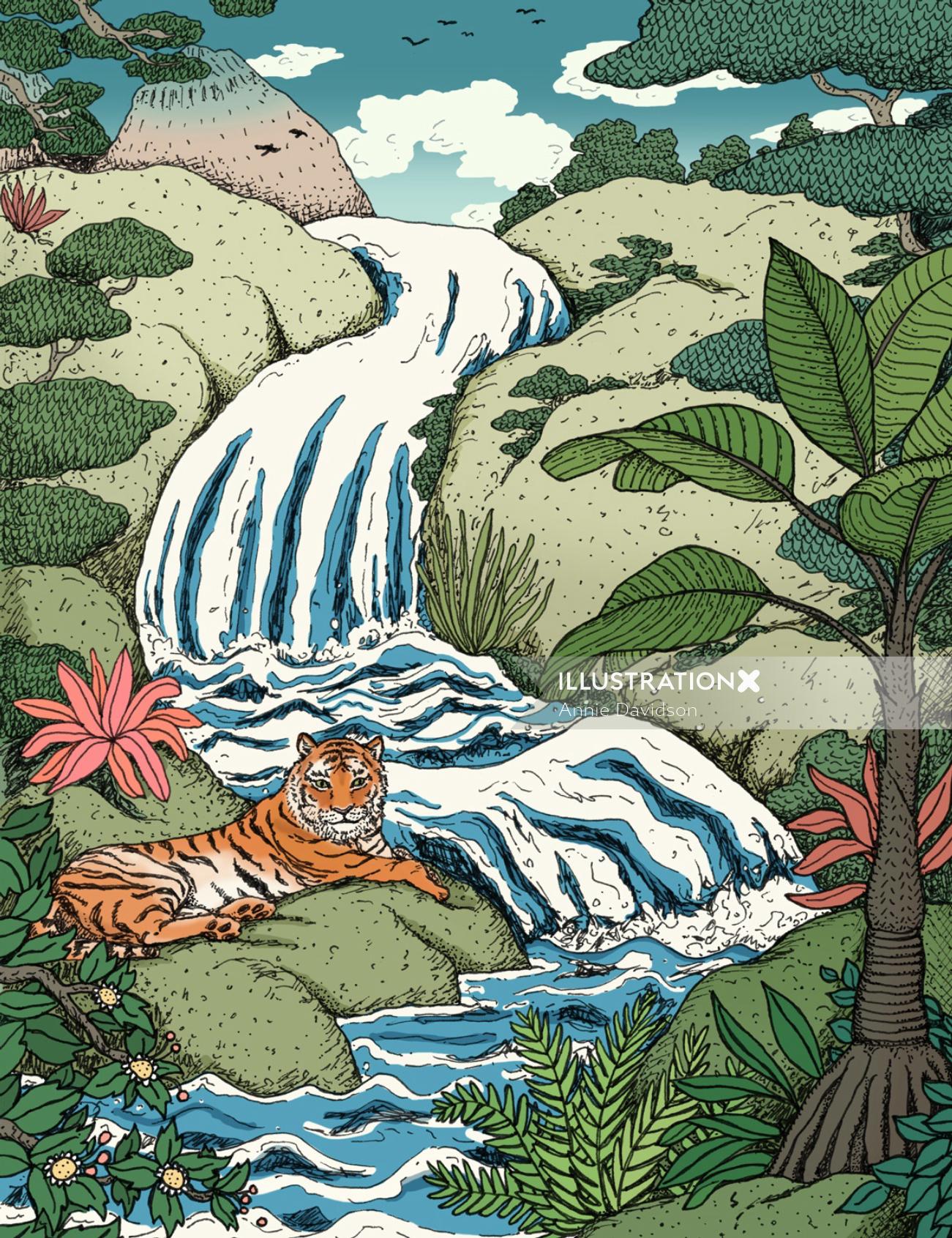 Animals tiger at a waterfall
