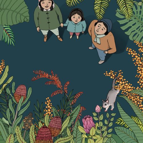 Children in a park illustration for Royal Botanic Gardens