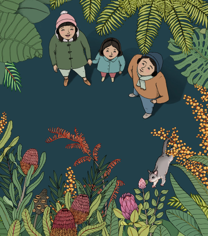 Children in a park illustration for Royal Botanic Gardens