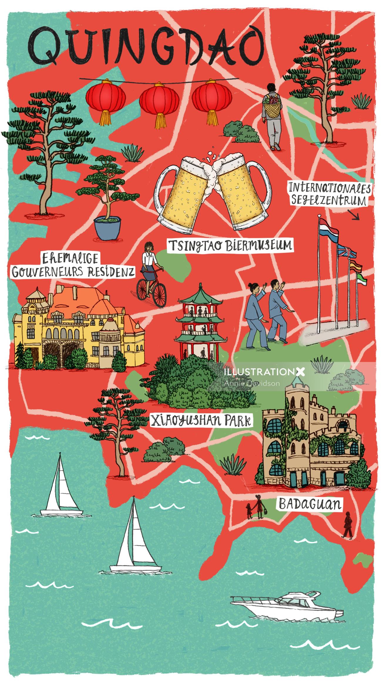 Qindao Attractions Map Illustration