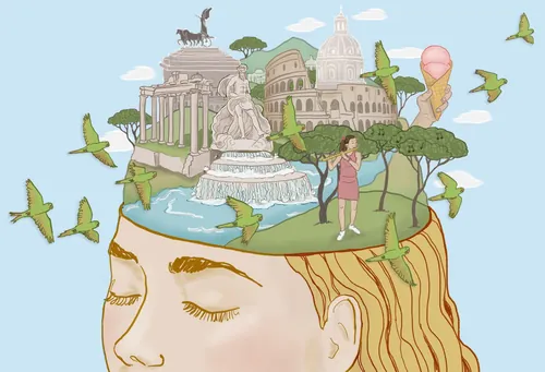 Surreal illustration of a head with landmarks and birds flying around by Annie Davidson