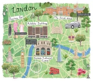 Watercolor London map created for British Vogue